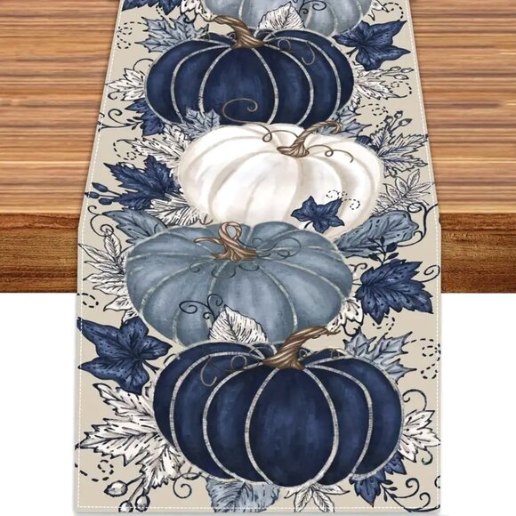Thanksgiving Fall Linen Table Runner - Pumpkin and Maple Leaf Design -90" x 13" - Picture 2 of 9